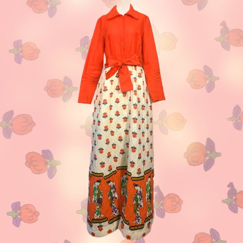 1970s Quilted Maxi Dress with Asian detailing